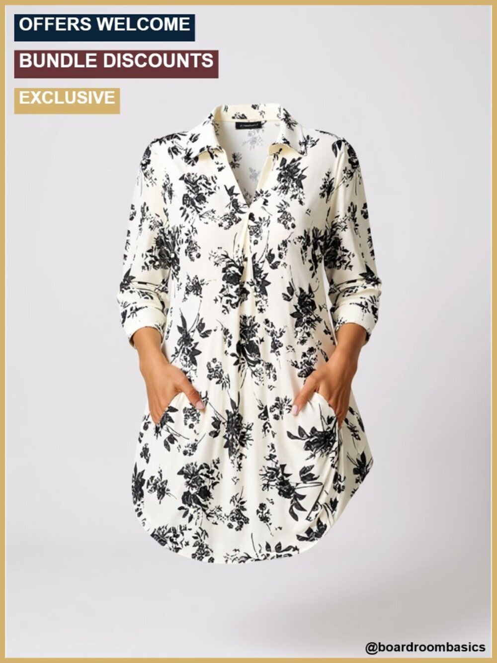 3/4 Sleeve V-Neck Collared Tunic Blouse for Office Work Casual